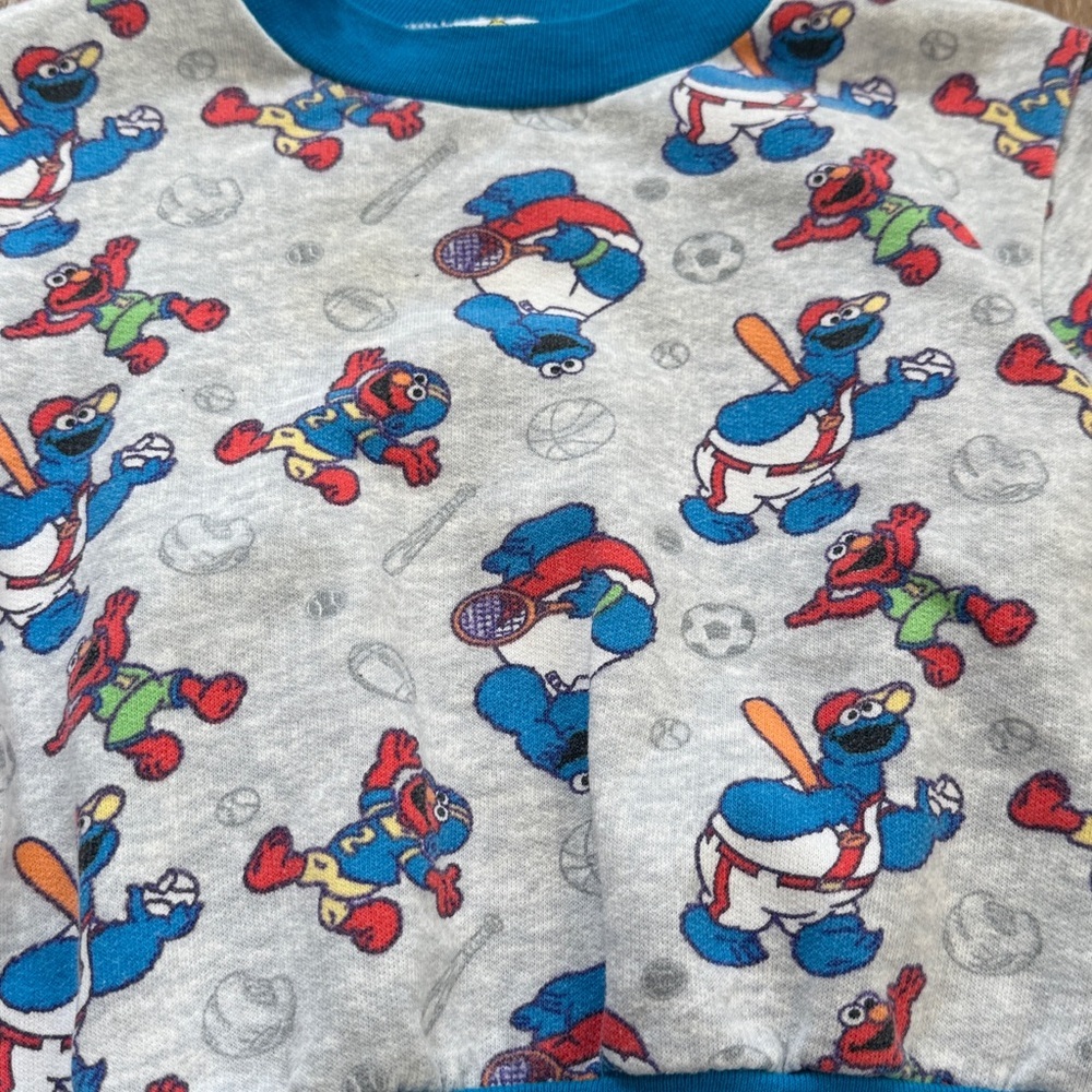 Vintage 90s Sesame Street Elmo Cookie Monster Blue Gray Sweatshirt Boys Top 3T - Picture 2 of 5